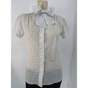Vintage 80s Laura Mae Secretary Blouse White Confetti Polka Dot Bow Tie USA M